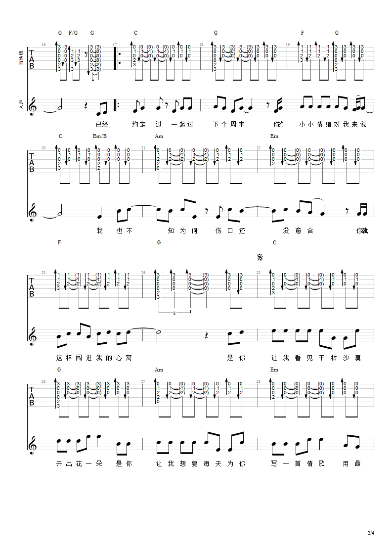 有点甜吉他谱 汪苏泷/BY2 E调